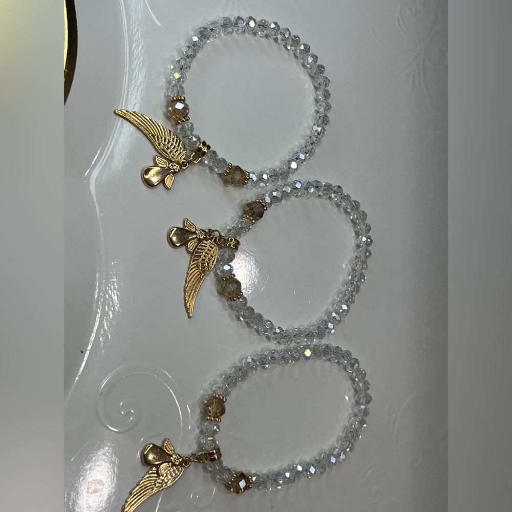 3 Elegant glass clear beads with Gold Angel and angel Wing Bracelet